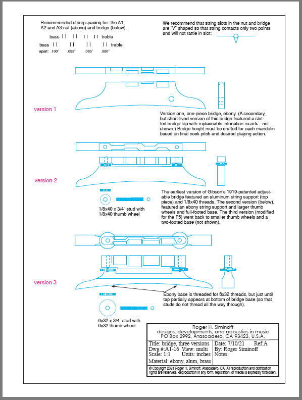 A1 mandolin construction drawings (blueprints), full size, 19 pages