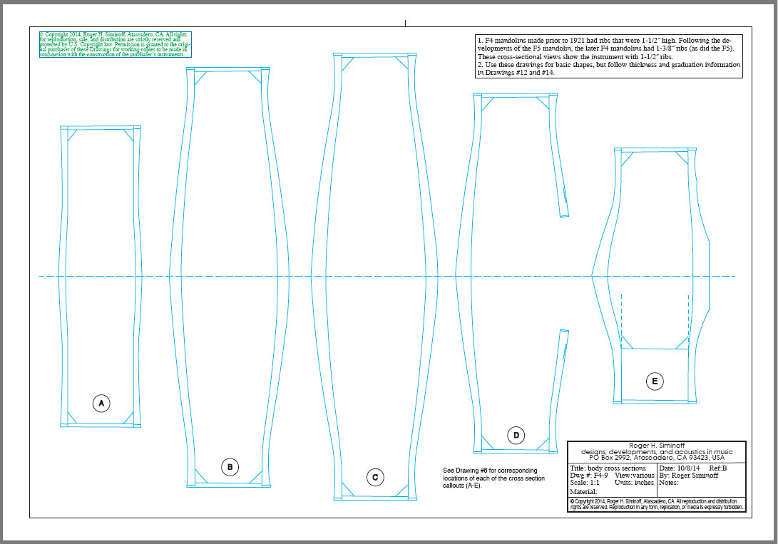 F4 mandolin construction drawings (blueprints), full size, 20 pages